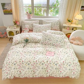 Covebett Cotton Single Duvet Cover White Pink Colourful Floral Flower Bedding Set 2 pcs, Aesthetic Botanical Quilt Cover 135x200 cm Zipper Closure and 1 Pillowcase 50x75
