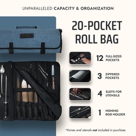 Asaya Chef Knife Roll Bag - 20 Total Pockets for Knives and Kitchen Utensils - Made with Stain Resistant Waxed Nylon - For Chefs and Culinary Students - Knives Not Included(Blue)