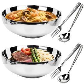 2 Pack 304 Stainless Steel Pasta Bowls, 47oz Double Walled Insulated Soup Salad Bowls Unbreakable, 8.7" Large Cereal/Ramen/Udon/Noodle/Pho Bowl Plates with 2 Spoons & Forks, Dishwasher Safe