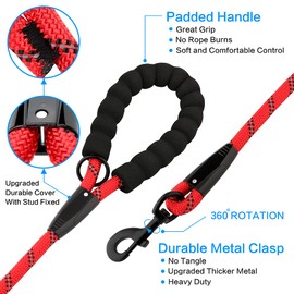 Plutus Pet Long Rope Dog Leash, with Comfortable Padded Handle, Reflective Nylon Heavy Duty Rope Leash, 15FT 20FT 30FT Dog Training Leash for Small Medium Large Dogs (20FT, Red)