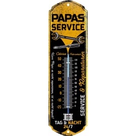 LANOLU Retro Blechschild PAPAS SERVICE Thermometer - Schild Werkstatt Papa - Geburtstagsgeschenk oder Vatertagsgeschenk für Vater retro Deko mit Spruch - vintage Metallschild mit Wölbung 8x28cm