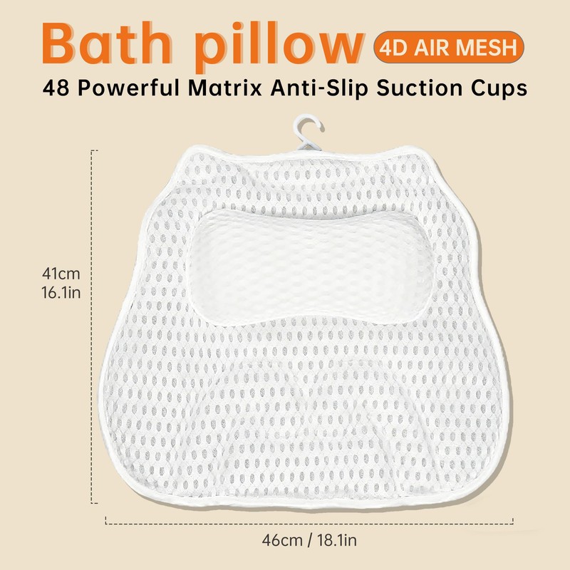 Bath Pillow for Tub,48 Non-Slip Suction Cups,Soft 4D Breathable Air