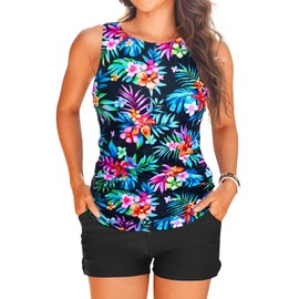 Tankini Swimsuits with Shorts - Two Piece Tummy Control Bathing Suits High Neck Swimwear with Two Side Pockets, Multi Floral, X-Large