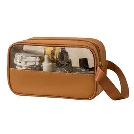 Taysis Translucent Makeup Bag, TSA Approved Toiletry Bag for Travel, PVC and PU Waterproof Travel Pouch with Zipper for Men and Women Carry-on Travel Essentials Cosmetic Bag (Brown)