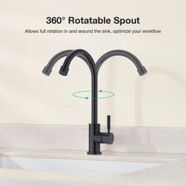 CREA Matte Black Faucet for Kitchen Bar Outdoor Sink 1 Hole 3Holes(with Deck Plate)，High Arc 360°Swivle Single Handle Tap Brushed 304 Stainless Steel