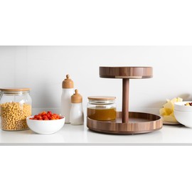 Extra Large 2-Tier Acacia Wood Lazy Susan, 15 Inch Round Serving Tray, Modern Kitchen Organizer