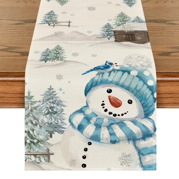 Artoid Mode Blue Snowman Christmas Table Runner, Seasonal Winter Kitchen