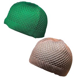 AMN-341 - Gorro de calavera musulmana para el Islam Oración Crochet Takke Kufi, regalo de Eid Ramadan, Verde y marrón, Large