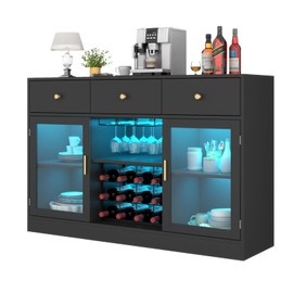 Auromie Wine Bar Cabinet with LED Light, Home Coffee Cabinet with Wine and Glass Rack, Kitchen Buffet Sideboard with Storage Cabinet&Drawers, Modern Liquor Cabinet for Living Room Dining Room (Black.)