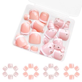 French Tip Press on Toenails Pink Fake Toe Nails with Floral Design Summer False Toenails White French Tips Toe Nails Kit Press ons Glossy Cute Toenails Flower Rhinestones Nails for Women 48Pcs