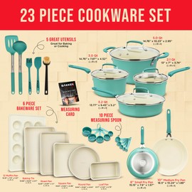 Cookware Set – 23 Piece –Aqua Multi-Sized Cooking Pots with Lids, Skillet Fry Pans and Bakeware – Reinforced Pressed Aluminum Metal - Suitable for Gas, Electric, Ceramic and Induction by BAKKEN Swiss