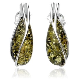 Small Teardrop Cut Baltic Green Amber Sterling Silver Drop Stud Earrings for Women Ladies Girls - Modern Contemporary Amber Ear Studs - Amber Jewellery for Women