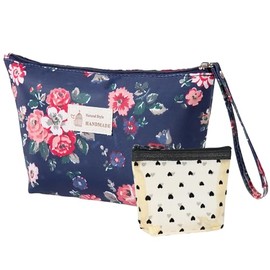 Lemsdee Makeup Bag for Purse Cosmetic Travel Bag: Portable Waterpoof Makeup Pouch Organizer Zipper Funny Floral Make Up Bags Large Toiletry Purse for Women Girls Traveling, Flower Navy