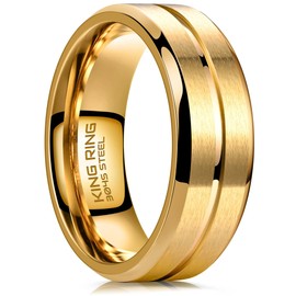 King Ring 8mm Flat Lines Gold Ring – Ultra Polished Mens Ring with Two Matt Lines Stainless Steel Wedding Band K18 – Gold 12
