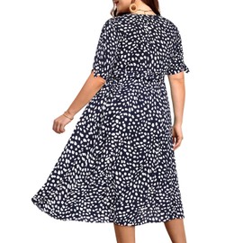 Plus Size Summer Sundress for Women Boho Navy Blue Casual Beach Midi Shirt Half Sleeves Button Down Pockets Dresses