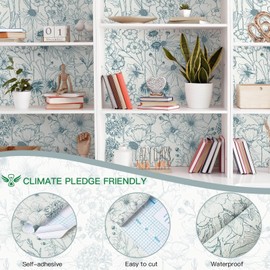 Heroad Boho Peel and Stick Wallpaper Floral Contact Paper Blue Beige Wallpaper for Bathroom Removable Hydrangea Wildflowers Wall Paper for Bedroom Cabinets Self Adhesive Decor Vinyl Roll 17.3"x78.7"