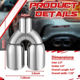 Threlaco 1 Pack Dual Exhaust Tip 2.5" Inlet, 3.5" Outlet, 9.5 Inch Length, Polished Stainless Steel Exhaust Tailpipe Tip, Double Staggered Tips, Welded Angled Headers for Cars Trucks