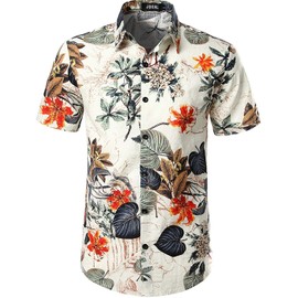 JOGAL Men's Casual, Floral Pattern, Short-Sleeved Hawaiian Shirt (De-a334_white_m) - White Floral, size: m