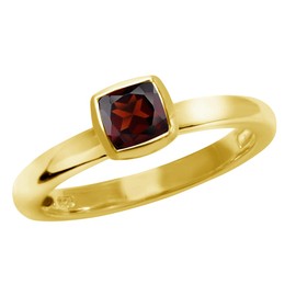 Silvershake 5MM Natural Cushion Shape Red Garnet 14K Yellow Gold Plated 925 Sterling Silver Stackable Bezel Set Solitaire Ring January Gemstone Birthstone Jewelry for Women Size 7.5