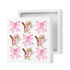 Pink Bow Decor Cat Decor for Cat Lovers Pink Bow Party Decorations Cat Lover Gifts Pink Coquette Room Decor Cottage Core Wooden Box Sign Aesthetic Wooden Block Plaque for Home Pet Shop Farmhouse