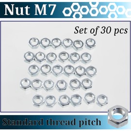 AERZETIX - Set of 30 Hex Nuts M7 x 1 mm with Metric Hex Thread - Made of Galvanised Steel - Colour Silver - Mechanical Assemblies Electronics DIY Projects