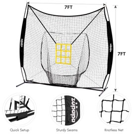 Zupapa Baseball Softball Practice Set - 7 by 7 Feet Net Tee Caddy 12 Baseballs Combo with Strike Zone, Baseball Backstop Practice Net for Batting Hitting Pitching Catching, Team Color (Black)…
