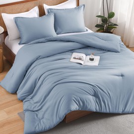 Andency Grayish Blue Twin Size Comforter Set, Solid Comforter Set 2 Pieces, All Season Lightweight Fluffy Classic Reversible Bed Comforter Set for Kids, Girls (1 Boho Comforter & 1 Pillowcase)