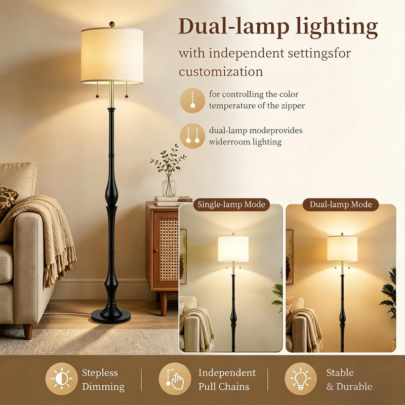 Fismool Farmhouse Floor Lamp, Solid Wood Standing Lamp, Linen Shade,