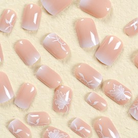 24pcs Fall Press on Nails Short Square Nude Pink Fake Nails with White Maple Leaf Design Glossy Glue on Nails Full Cover Acrylic Artificial False nails for Women Girls Winter Holiday Nails Decoration
