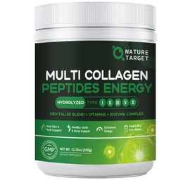 NATURE TARGET Polvo de péptidos multicolágenos: colágeno hidrolizado con mezcla energética + multivitaminas y minerales. Favorece la energía de la piel, el cabello, las uñas y las articulaciones. Sin