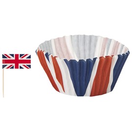 Union Jack Cupcake Cases - Pack of 12 United Kingdom Flag Disposable Cupcake Cases with a Pack of 12 Union Jack Flag Picks - United Kingdom King's Coronation Street Party Decoration
