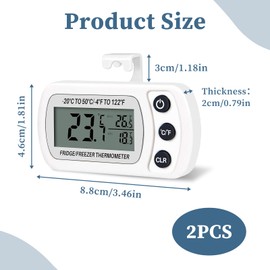 Pack of 2 Fridge Thermometers, Digital Thermometer Fridge, Mini Thermometer, Freezer Thermometer with Large LCD Display, Temperature Monitor -20 °C to 50 °C, with Hook & Max/Min Function