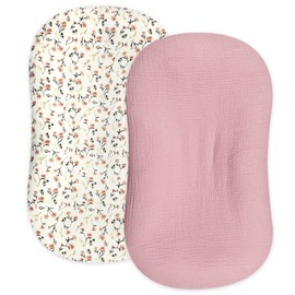 Hooyax Hooyax Muslin Baby Lounger Cover 2 Pack, Organic Removable Lounger Slipcover for Newborn, Baby Padded Lounger Infant Floor Seat Covers for Boys Girls (Flesh Pink & Floral)