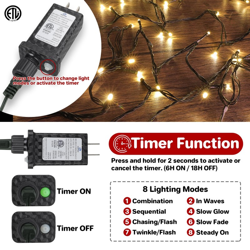 FairyGlim Christmas Lights Outdoor 100LED 33FT, Green Wire Connectable Christmas