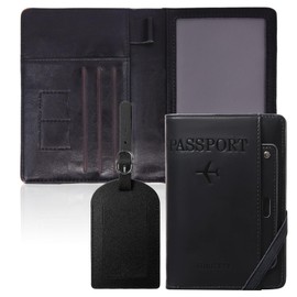 Leather Passport Holder Travel Wallet RFID Blocking Passport Wallets with Luggage Tags for Man Woman Travel Document Holder Organiser for Card,Cash,Passport,Sim Cards,Boarding Passes,Pen (Black)