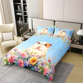 Feelyou Guinea Pig Duvet Cover 100% Cotton Twin Size, Cute Guinea Pig Comforter Cover Cartoon Guinea Pig Bedding Set for Kids Boys Girls Cute Animal Bedspread Cover Zipper(No Comforter)