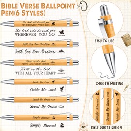 Roowest 60 Pcs Bible Verse Ballpoint Pen Bamboo Retractable Christian Pens Inspirational Scripture Ballpoint with Black Ink, Velvet Bags Easter Pens Religious Gifts for Easter Pastor Office Supply