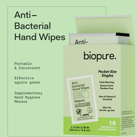 Biopure Individually Wrapped Antibacterial Hand Wipes| Fresh Morning Breeze- with Aloe + Vitamin E| Wet Wipes Singles| No Parabens, sulfates or Phthalates, Kills 99.9% of Germs (1-Pack, 16)