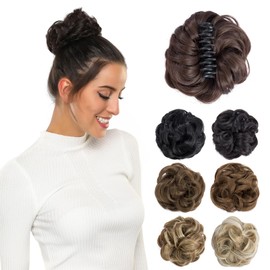 Rose bud Messy Bun Hair Pieces for Women Medium Brown Hair Bun Extension Bow Claw Clip Faux Hair Buns Curly