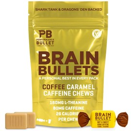 160mg L-Theanine + 80mg Caffeine Chews – Coffee Caramel Flavour, Increases Productivity, Mental Clarity, Alertness | 4 Packs - 16 Servings | Brain Bullet | Energy Gum & Focus Gummy Upgrade