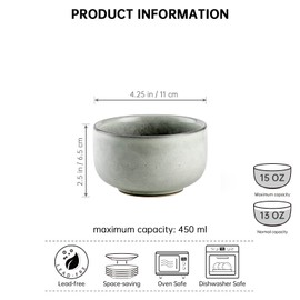 Henten Home Ceramic Salad Bowl Set, 15 OZ Cereal Bowls Set of 4, Porcelain Rice Bowls for Kitchen, Reactive Glaze Serving Soup Bowls for Snack, Pasta, Microwave Safe (Grey)