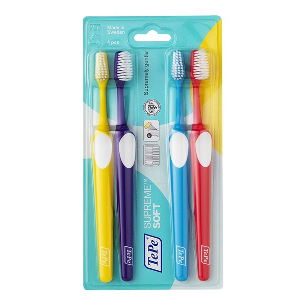 TePe Supreme Toothbrush - Tapered Brush Shape with Short and Long Bristles for Optimal Gentle Interdental Cleaning, 1 x 4 Pieces in Assorted Colours