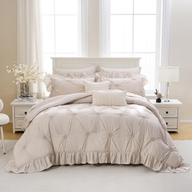 Bedbay Beige Bed in a Bag Comforter Set 9 Pcs,Queen Comforter Set with Sheets,Pintuck Pinch Pleat Bedding Set,Boho Down Alternative Comforter Queen Bed Set,Microfiber Exquisite Ruffle Duvet Set