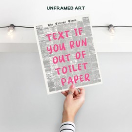 Newspaper Wall Art Bathroom Prints - Eclectic Bathroom Decor Aesthetic - funny Cute Teen Bath Decor for Women - Text Me if You Run Out of Toilet Paper - Pictures for Powder room - Restroom Wall Art
