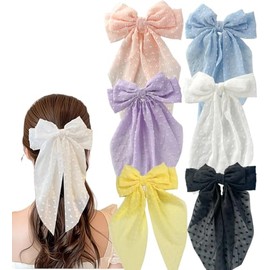 6 PCS Hair Bows for Women, Silky Satin Hair Bows Clips Oversized Long Tail, Large Hair Barrettes Cute Aesthetic Hair Accessories, Metal Bow Hair Clips Neutral Color (Chiffon)