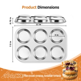 E-far Muffin Top Pan, Stainless Steel 6-Cavity Shallow Cupcake Pan for Baking Whoopie Pie, Yorkshire Pudding, Eggs, Cornbread, Drop Cookies, Non-toxic & Standard Size, Oven & Dishwasher Safe