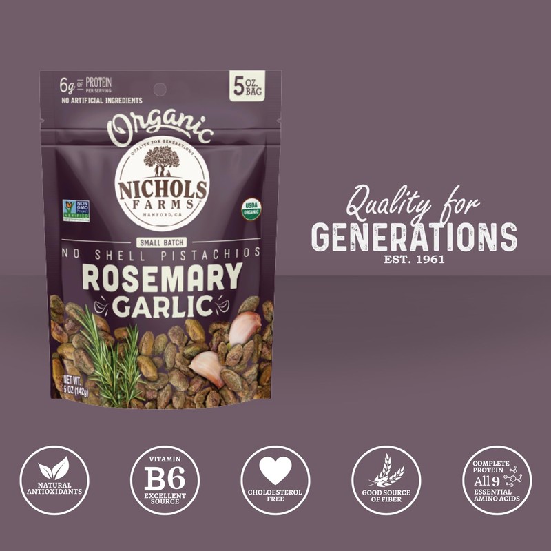Nichols Farms Roasted with Sea Salt No Shell Pistachios, Kosher,