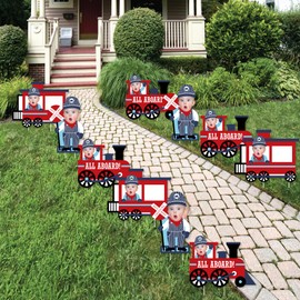Big Dot of Happiness Custom Photo Railroad Party Crossing - Fun Face Lawn Decorations - Steam Train Birthday Party or Baby Shower Outdoor Yard Signs - 10 Piece