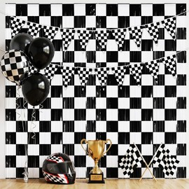 4 Pack Black White Checkered Party Decoration Set, 2 Pack 3.3ft x 6.6 ft Black White Checkerboard Foil Fringe Tinsel Streamer Curtain Backdrop + 2 Pennant Banner Buntings for Birthday, Racing Decor
