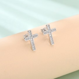 REIOT Cross Earrings for Women 925 Silver Inlaid Cubic Zirconia Stud Earrings Birthday Jewellery Gifts Women, Sterling Silver